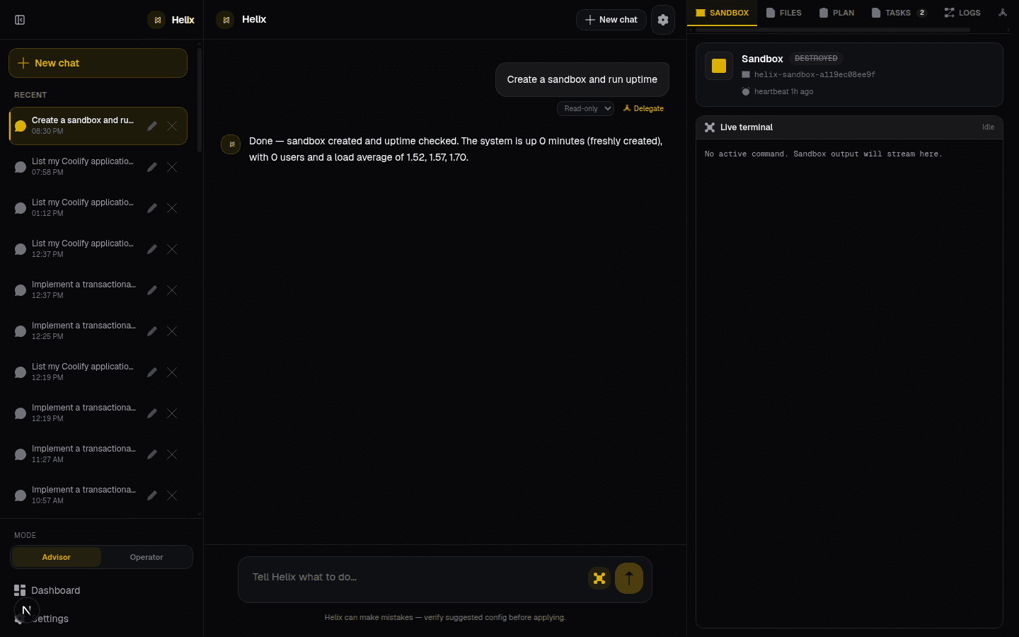 Helix creating a sandbox and running uptime